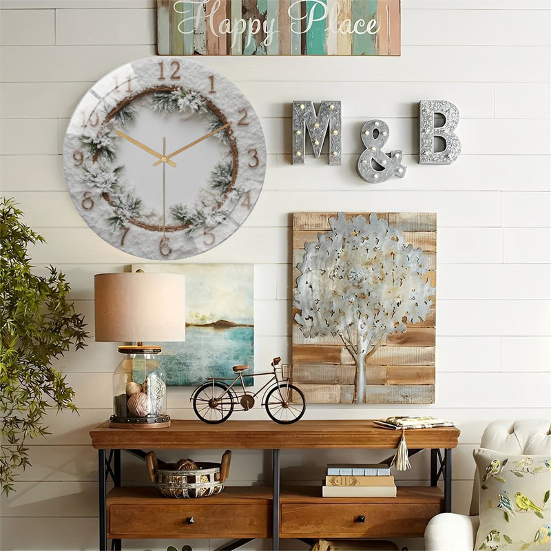 Horloge murale enneigée, guirlande de Noël, horloge murale en verre 12 po