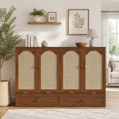 Grand lit escamotable, armoire-lit en bois de pin avec centrale électrique et panneau de décoration en rotin
