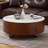 35.4" Modern Faux Marble Coffee Table Round With Classic Solid Wood Base Walnut Veneer 2 Storage Drawers Included For Living Room.