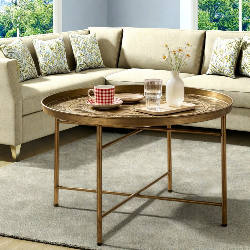Modern Gold End Tables, 24 Inch Metal Round Hammered Table for Home