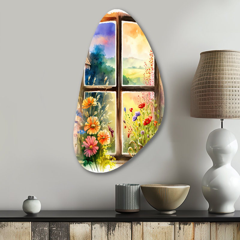 Été coucher de soleil floral fenêtre II - fenêtre de ferme de forme irrégulière, décoration murale en métal, reproduction de sculpture murale asymétrique en métal