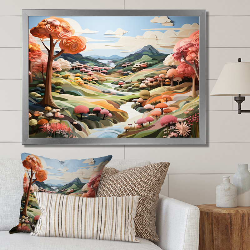 Paysage de rivière cubique I, Cadre simple argenté, H 16 po x l 32 po x P 1 po