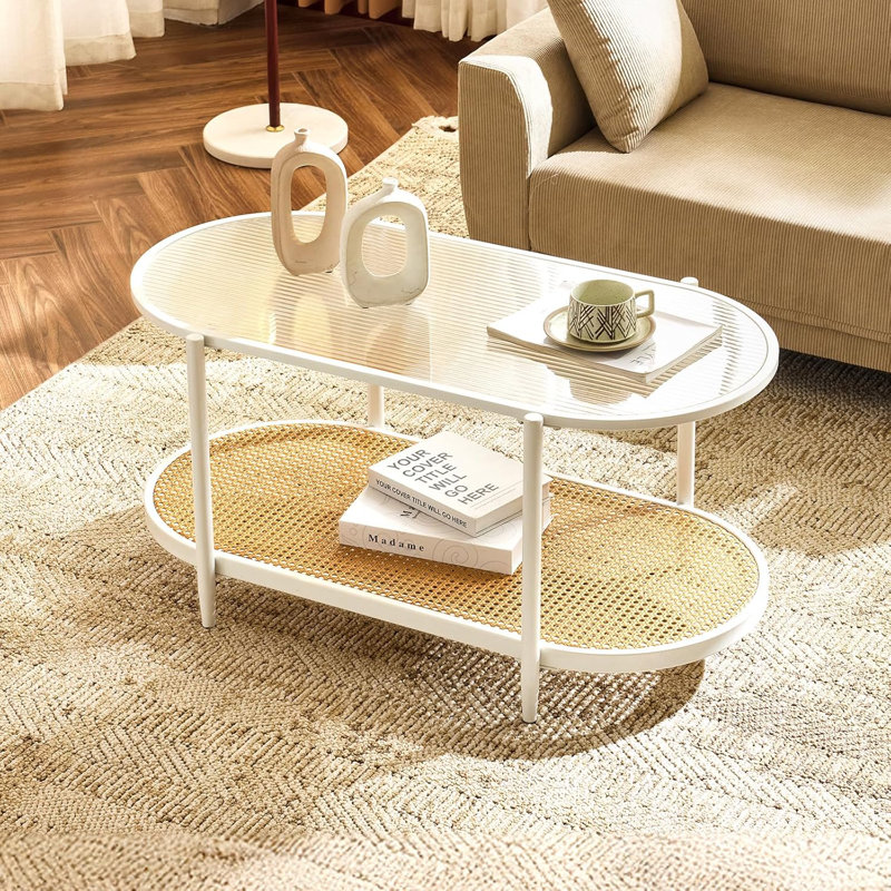 Table basse ovale en rotin, table de centre en verre et en métal, table basse de rangement moderne à 2 niveaux pour le salon ou les petits espaces, blanc