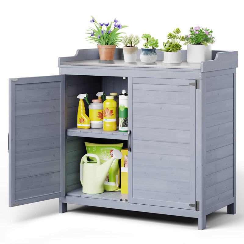 Charvette Fir Potting Bench with Storage Cabinet and Metal Covered Tabletop, Gray