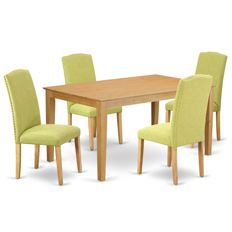 5 Piece Modern Dining Table Set Includes a Rectangle Wooden Table and 4 Limelight Linen Fabric Upholstered Parson Chairs, 36x60 Inch, Oak
