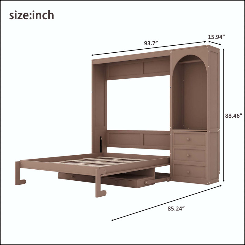 Grand lit escamotable avec bureau, rangement et lumière DEL, Brown
