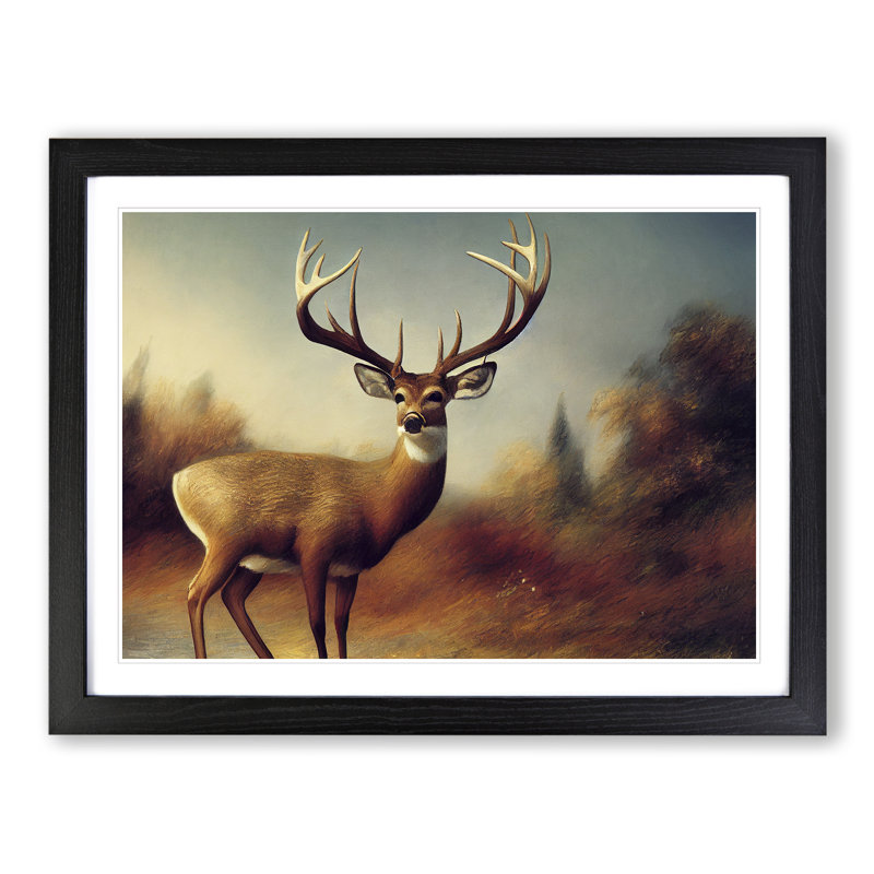 Stag Deer - Single Picture Frame Print, Black, 34cm H x 46cm W x 2cm D