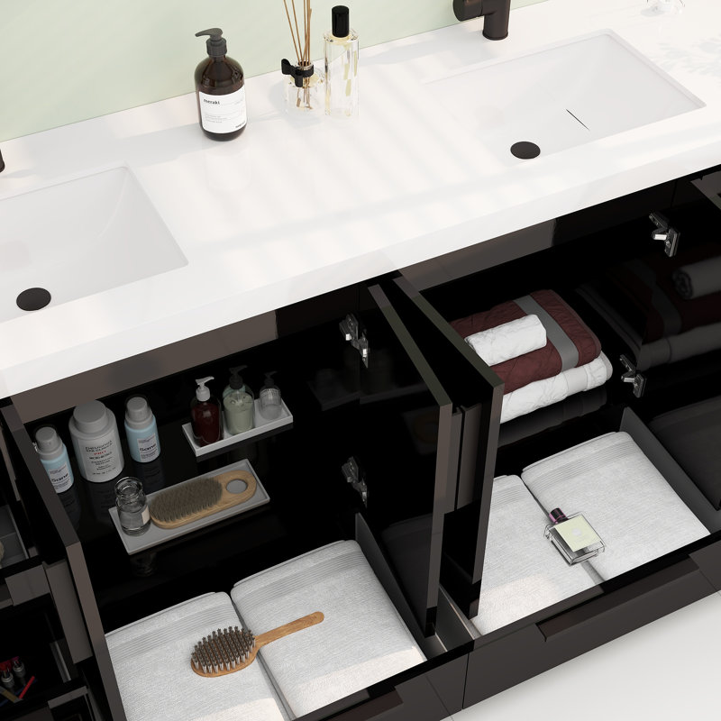 Carla Freestanding Bathroom Vanity with Double Sink, 71", Gloss Black