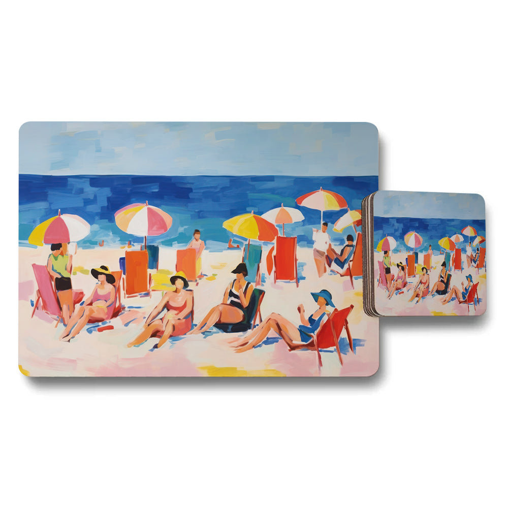 Beach Scene Placemat And Coaster Set With Colorful Umbrellas