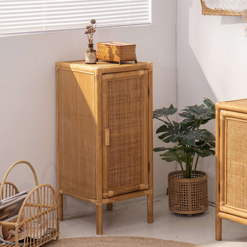 Armoire de rangement rétro en osier et pin