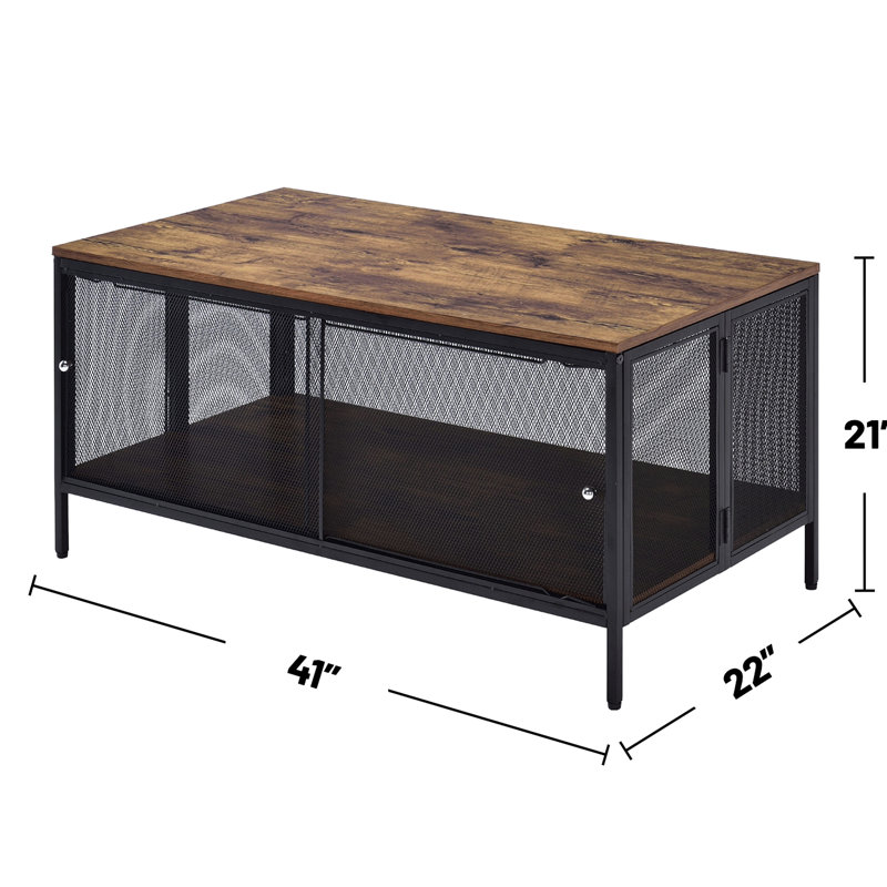 Table basse rectangulaire avec plateau pliable, plateau en chêne antique et base en filet de métal noir, 1 compartiment 4 portes coulissantes, 41 po de style industriel en profondeur, placage de papier sur un plateau en bois, largeur en fer de 22 po