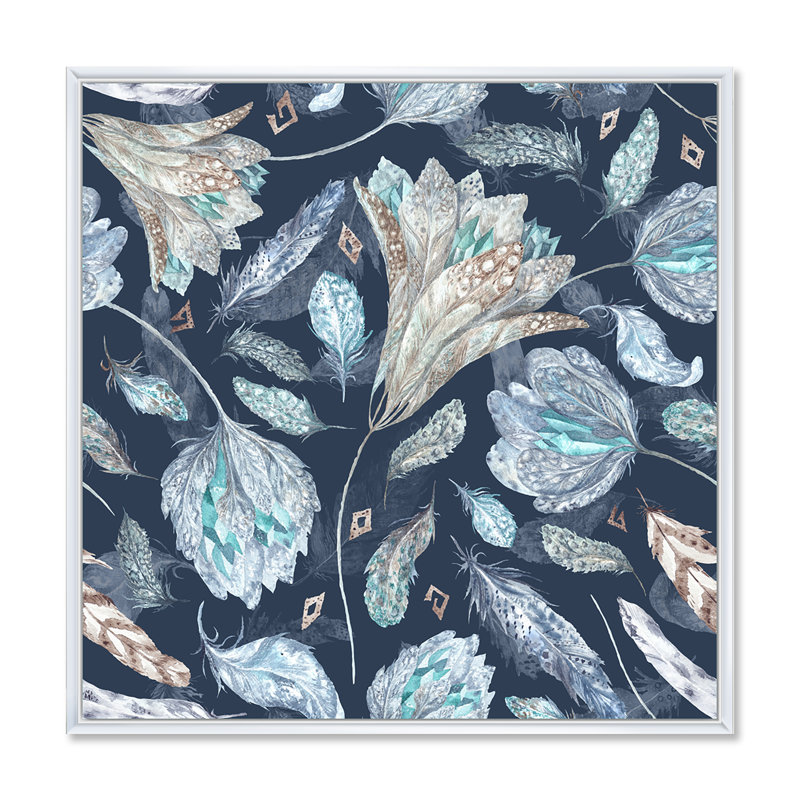 Motif botanique bleu marine - peinture sur toile, H 30 po x l 30 po x P 1 po, Cadre blanc
