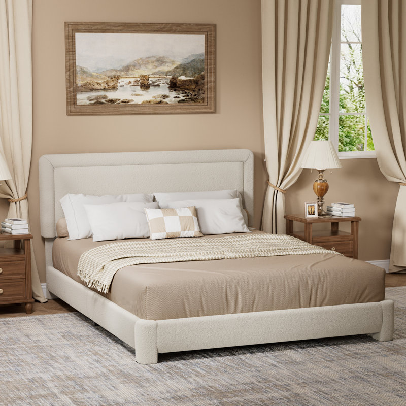 Upholstered Bed Frame With Headboard, No Box Spring Required, Beige, King