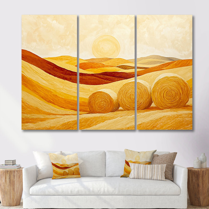 Ensemble de salon jaune et orange avec paysage de ferme Haystack Hills I, H 28 po x l 36 po x P 1 po, Toile tendue