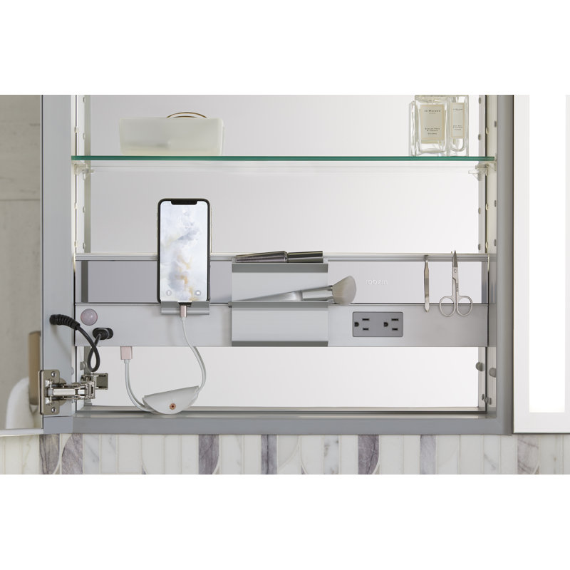 M Series Recessed Framed Medicine Cabinet with 3 Adjustable Shelves, Lighting, and Electrical Outlet, Left Hand