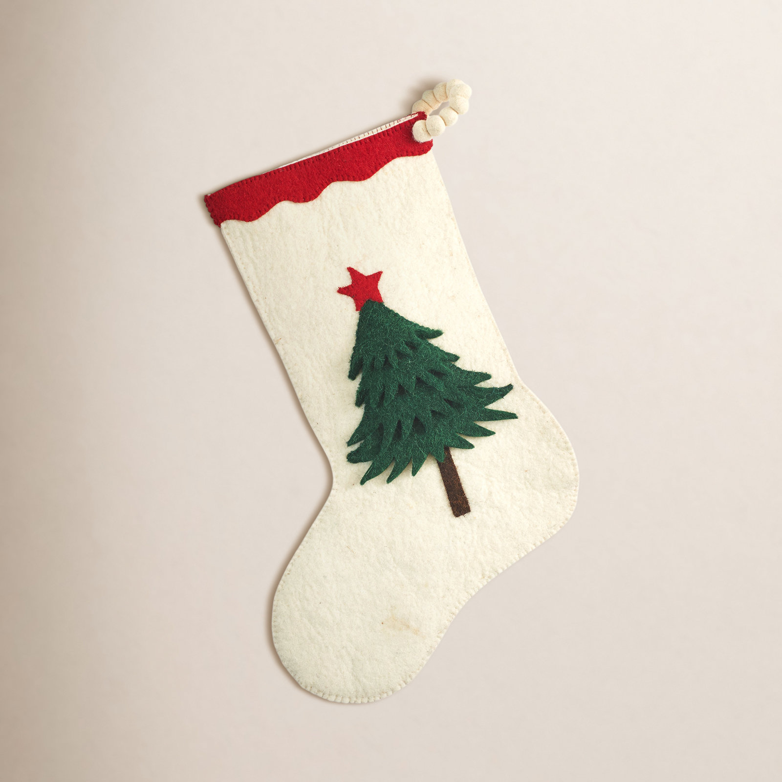 Hand Felted Wool Stocking, Cream/Green