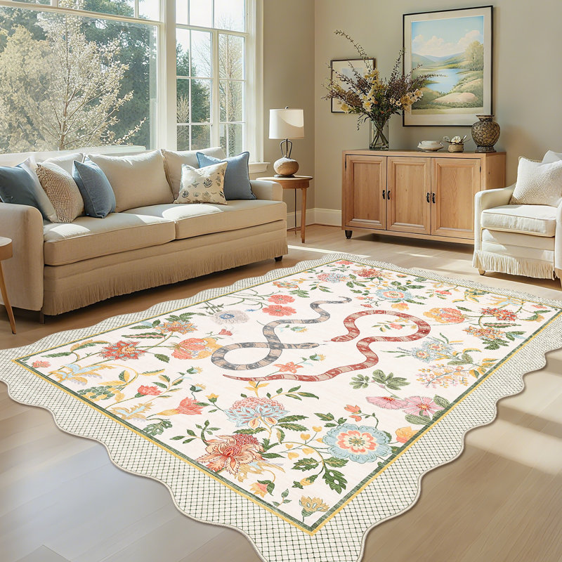 Farmhouse Floral Rug Washable Rug Non Slip Modern Scalloped Carpet, Soft Non Shedding Indoor Carpet, Low Pile Thin Foldable Printed Mat