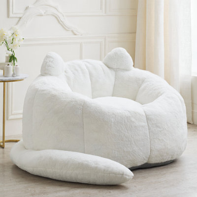 Fauteuil à billes en forme de chat avec longue queue | Méridienne pour adultes sans assemblage avec mousse haute densité, finition en fausse fourrure, anneau de traction et base antidérapante pour le salon et la chambre à coucher, rose