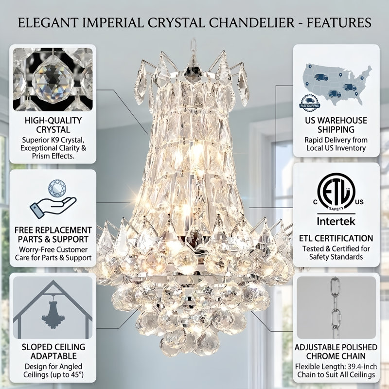 Bernhard Dimmable Crystal Empire Chandelier, 21.6" H x 16.9" W x 16.9" D