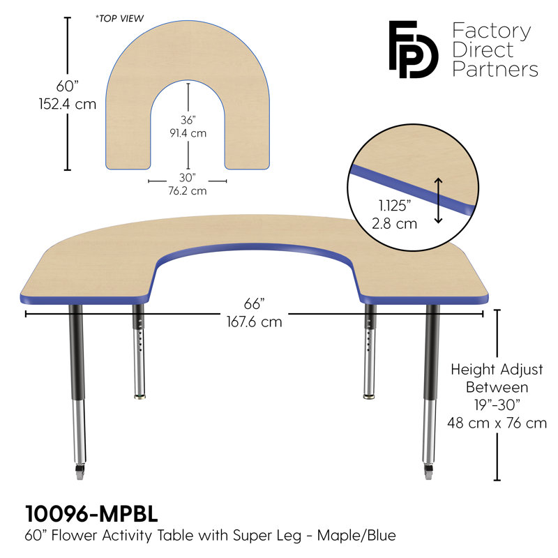 Table d'activité 60 "x 66" en forme de T avec pieds réglables, Maple/Blue/Black, Super, Noir, noir, noir, noir