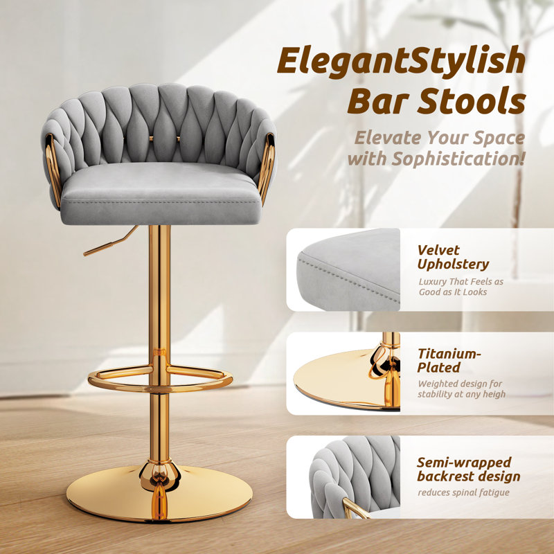 Woven Velvet Bar Stools Set of 2, Modern Adjustable Counter Height Bar Chairs, Gray, 2