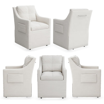Ensemble de 5 chaises de salle à manger luxueuses avec fauteuil rembourré blanc avec poche latérale et roulettes