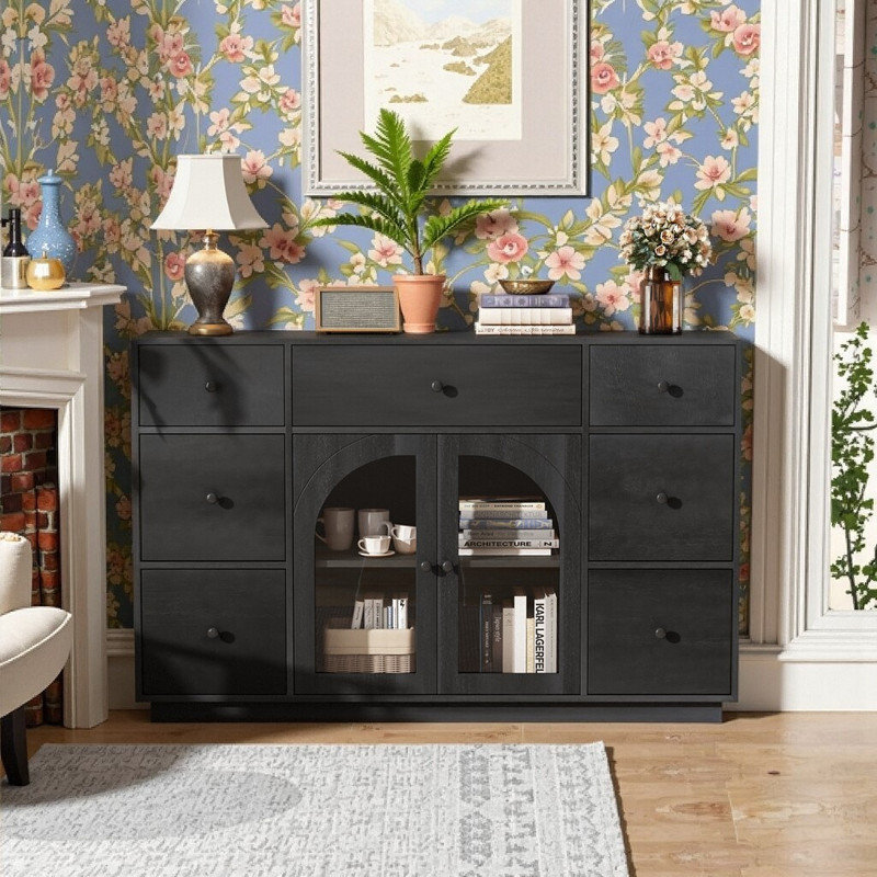 55.8'' Wide Buffet Storage Cabinet With 7 Drawers 2 Doors & Glass Accents, Black