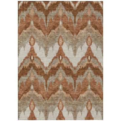 3' X 5' Orange Beige And Copper Ikat Washable Indoor Outdoor Area Rug
