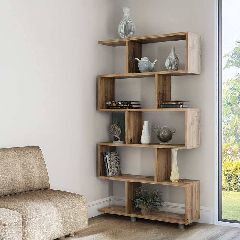 Geometric Minimalist 10 Shelves Bookcase, Light Brown