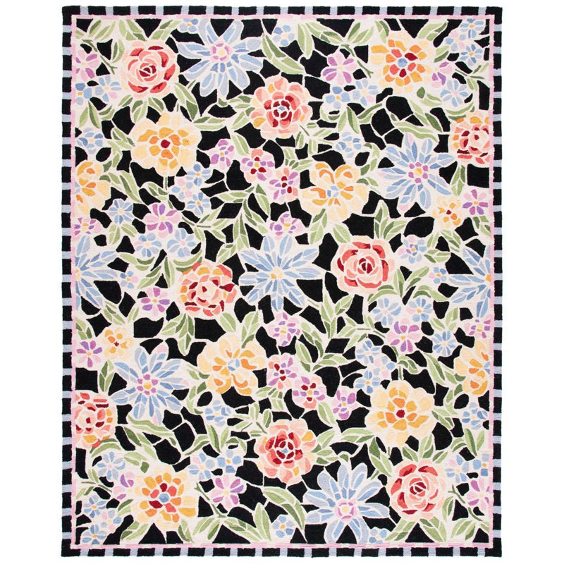 Hollander Floral Hand Hooked Wool Black Area Rug, Rectangle 8' x 10'