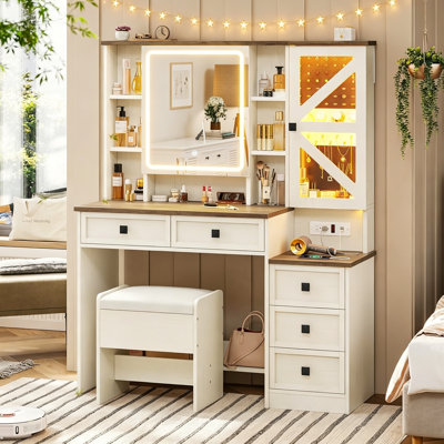 Ensemble de coiffeuse blanche avec lumières, miroir et tabouret de rangement pour coiffeuse