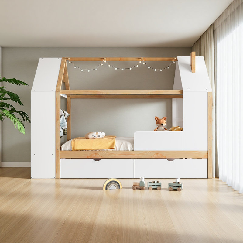 Lit plateforme simple avec tiroirs, Naturel