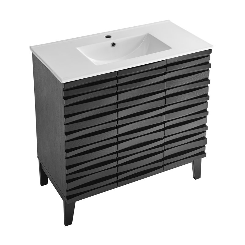Cascade 36" Freestanding Bathroom Vanity in Black with White Scratch Resistant Ceramic Sink Top, Black