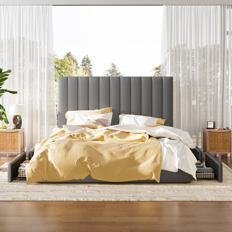 Lit plateforme tapissier avec 4 tiroirs et tête de lit, Gris clair, Grand