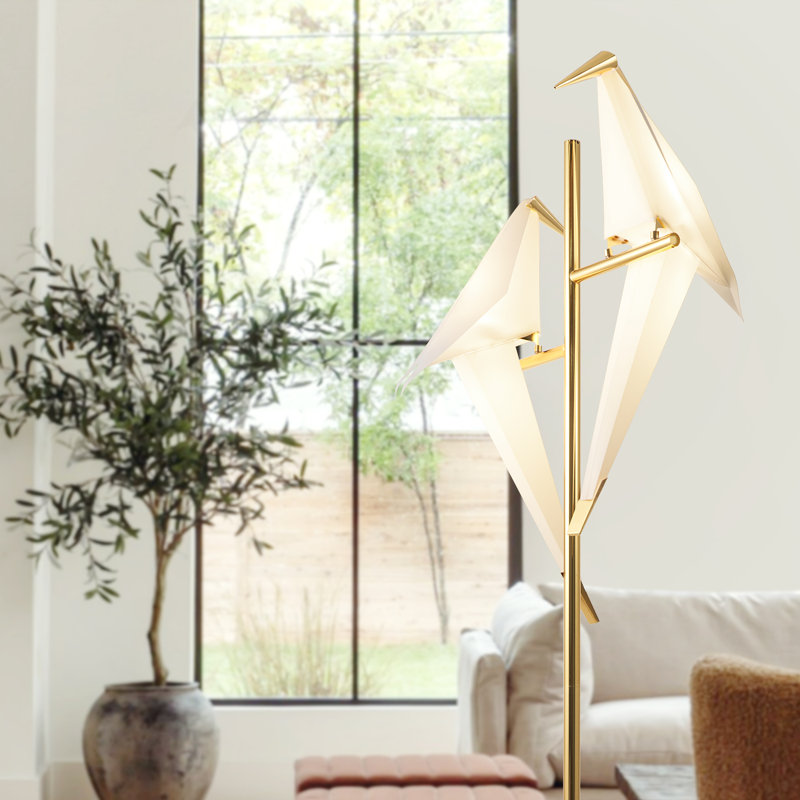 Lampe sur pied 69 po avec 2 oiseaux, grue en papier, Doré