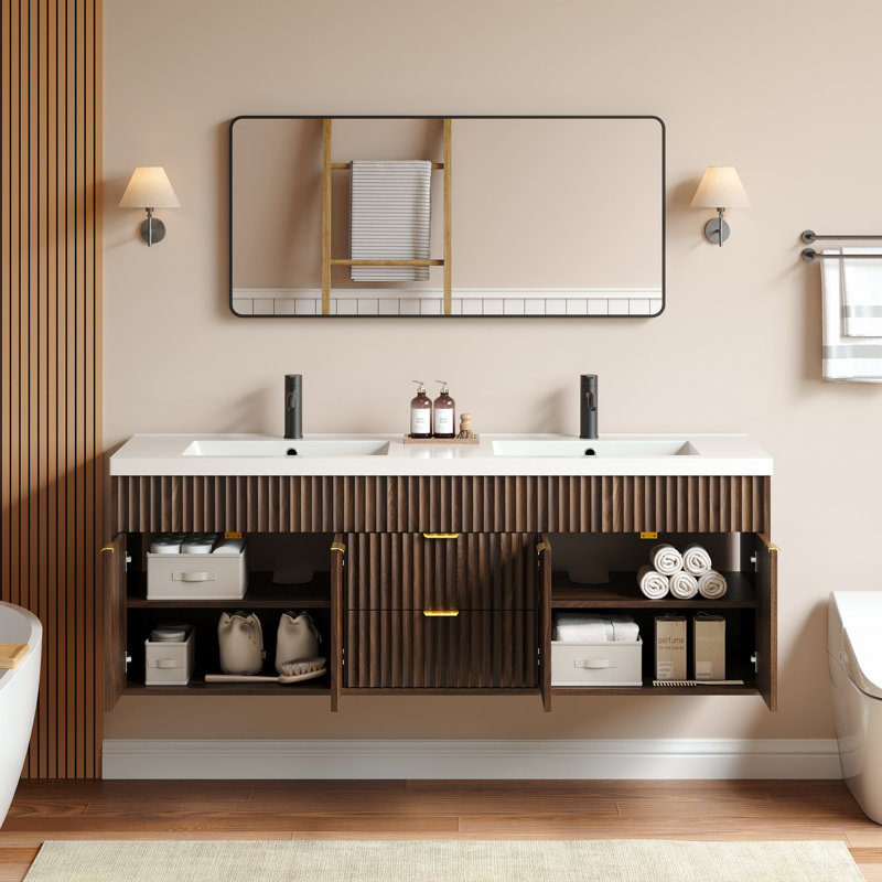 Meuble-lavabo avec tiroirs, armoire de salle de bain 60 po Adonia, Brun
