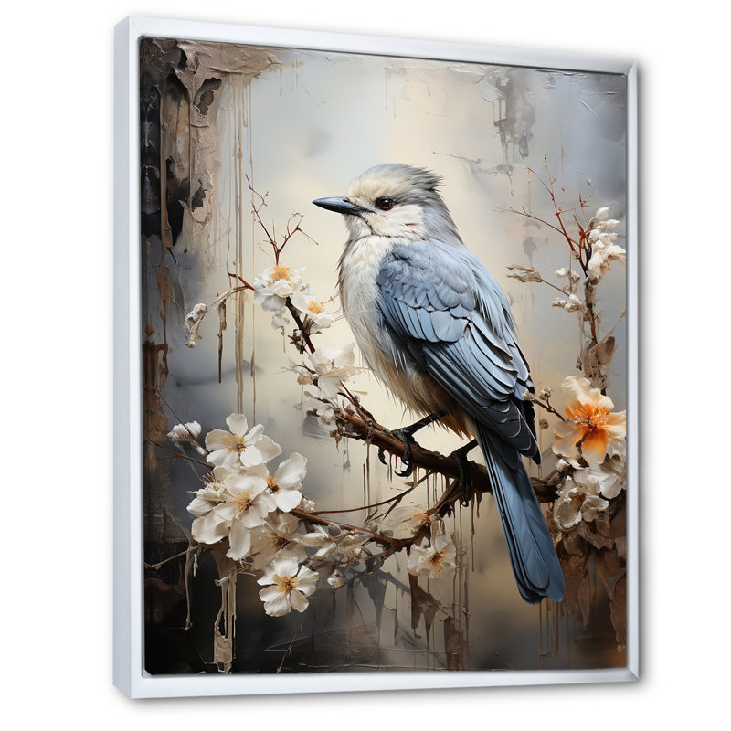 «Misty Blueray Bird on Branch II», reproduction d'art mural, H 40 po x l 30 po x P 1,5 po, Cadre flottant blanc