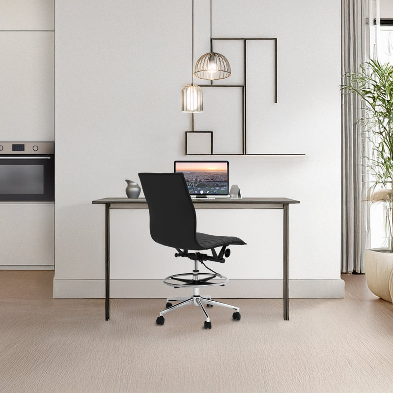 Modern Drafting Chair | Upholstered PU Leather Ribbed Armless Mid Back with Tall Adjustable Base & Leg Rest | Tilt Lock, Swivel | Computer, Home, Executive, Conference, Meetings 