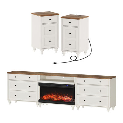 Ensemble de table de salon Farmhouse, meuble télé avec foyer 105 po et deux tables de bout
