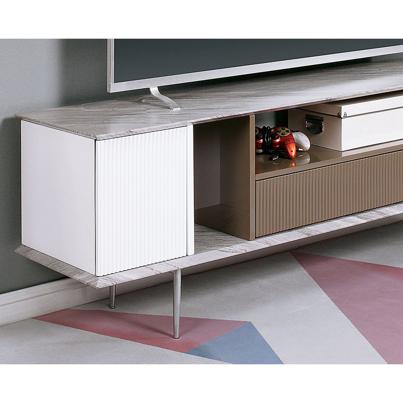 Base de console de télévision moderne moderne avec tablette ouverte et glissières à roulement à billes attachées à un tiroir