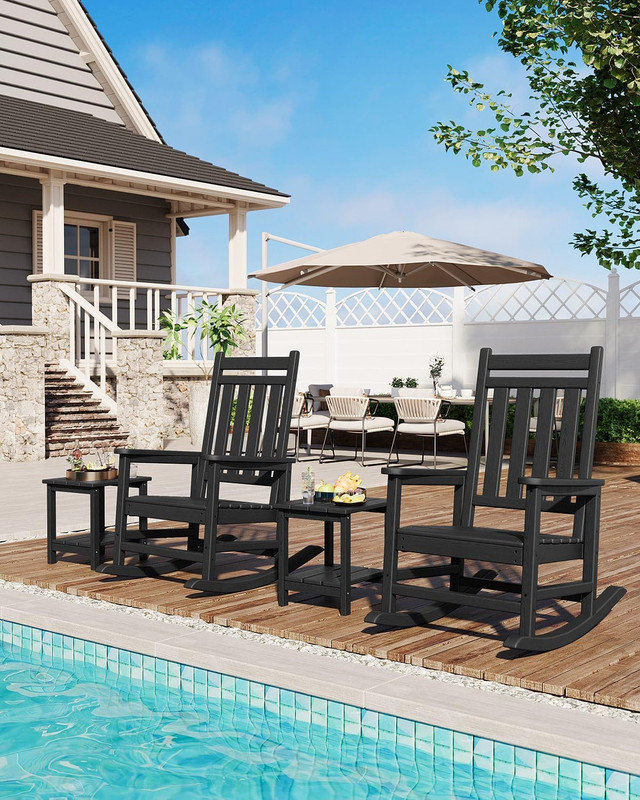 Set of 4 HDPE Outdoor Rocking Adirondack Chairs with 2 Side Tables, Poly High Back, 350 lbs Capacity All-Weather Patio Rockers for Front Porch, Garden