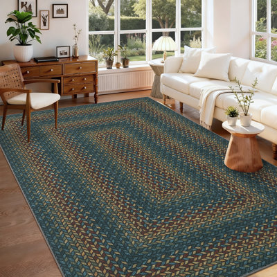 Tapis tressé 5 x 7 pour le salon Tapis de jute extérieur facile à laver en jute antidérapant Tapis antidérapant moderne à bordure pour chambre à coucher Tapis d'extérieur à poils courts pour porche de cuisine, bleu marine / rouille