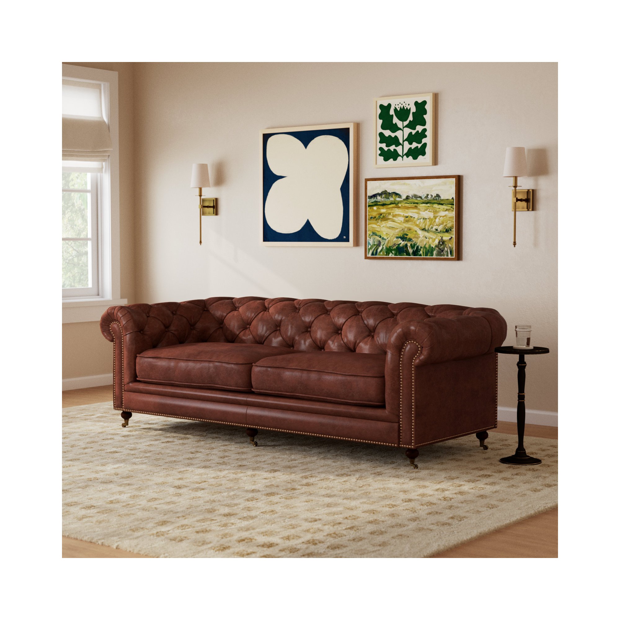 Idalia 87" Genuine Leather Rolled Arm Chesterfield Sofa with Reversible Cushions, Brown Genuine Leather