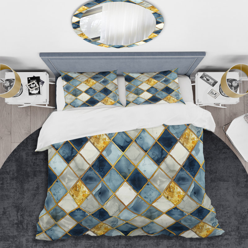 Gold Blue Square Glam I - Glam Duvet Cover Set, King Duvet Cover + 2 King Pillow Shams