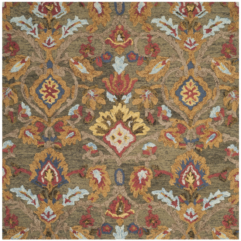 Tapis vert / multicolore en laine fait à la main Tansy, Carré 12 po
