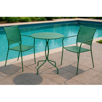 Vesper 3-Piece Bistro Set with 27.5" Dining Table and 2 stackable bistro chairs, powdercoated steel, fade-resistant patio furniture for backyard, deck and balcony