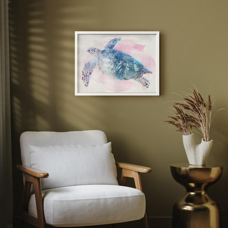 Tortue brune mauve avec coquille bleue qui nage dans des animaux de mer, petit décor moderne, œuvre d'art moderne, Blanc