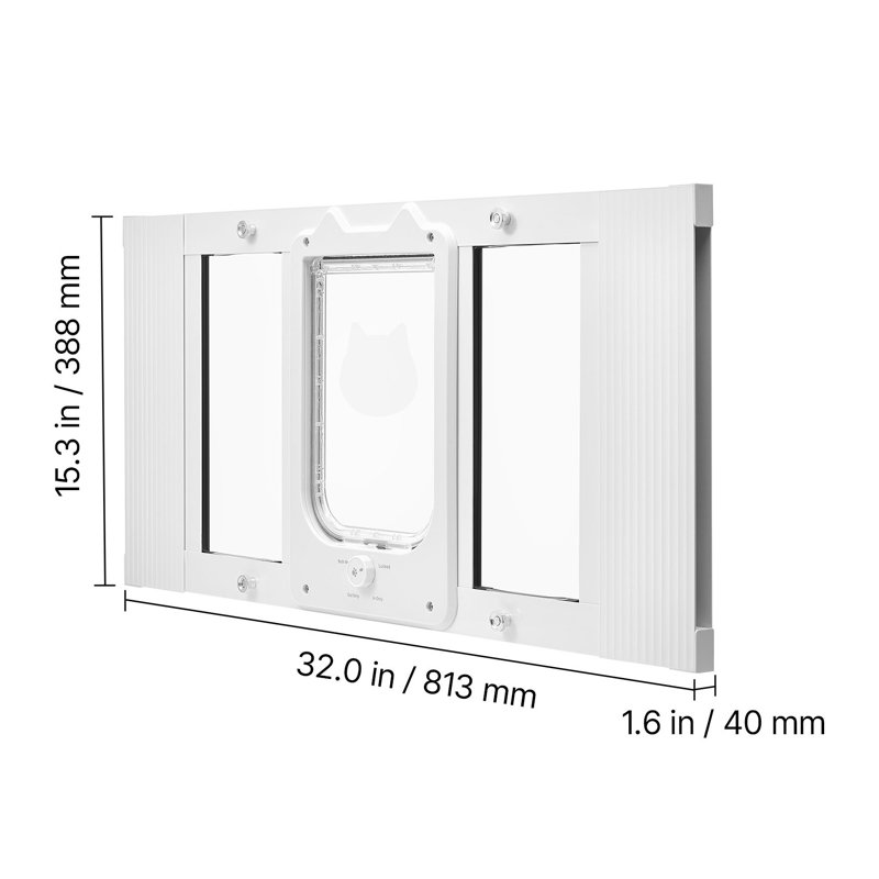 Adjustable Aluminum Frame Cat Door for Windows (Fits 27"-32" Width) with 4-Way Locking System and Magnetic Closure, White