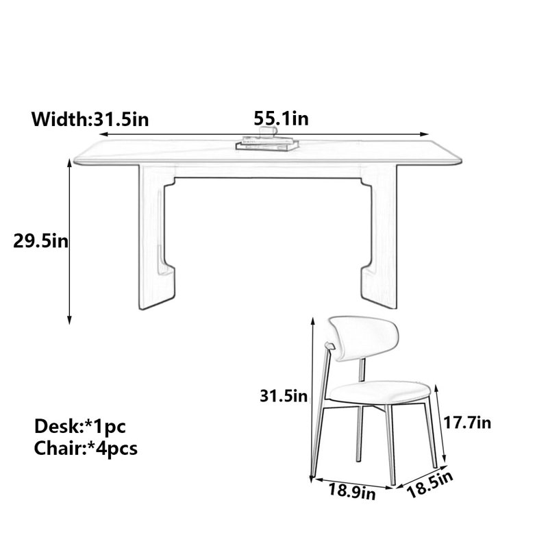 Solid Wood & Rock-Panel Dining Table, 5 Pieces: Table, 4 Chairs, 29.5” H x 55.1” W x 31.5” D