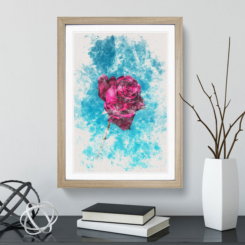 Fuscia Pink Dying Rose Watercolour - Picture Frame Graphic Art, 33cm H x 24cm W x 2cm D, Oak Framed